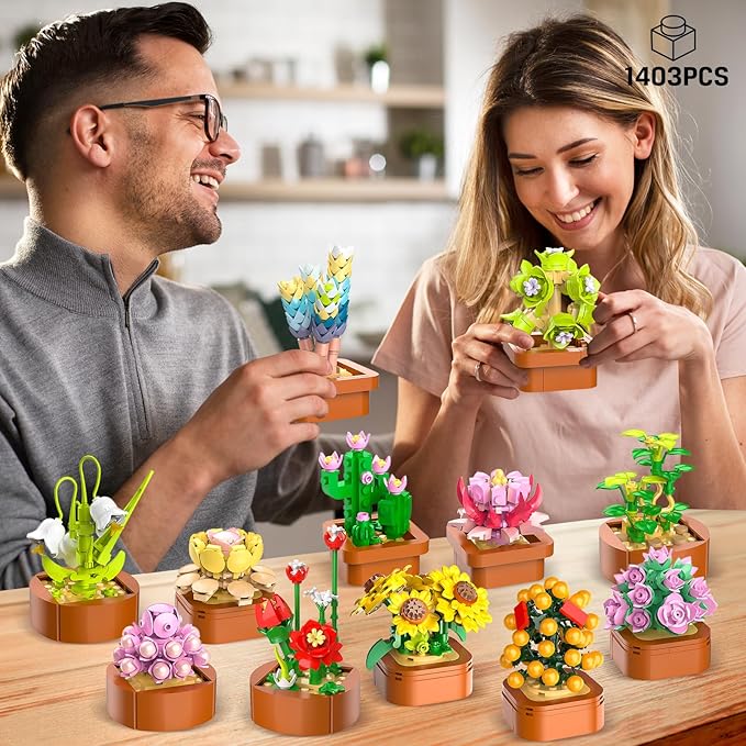 12 Pack Flowers Succulents Mini Building Set - 1403PCS Flower Botanical Collection for Home Office Décor 3.6MM Plant Blocks Toy, Easter Birthday Gifts for Adults Women Kids Girls10+