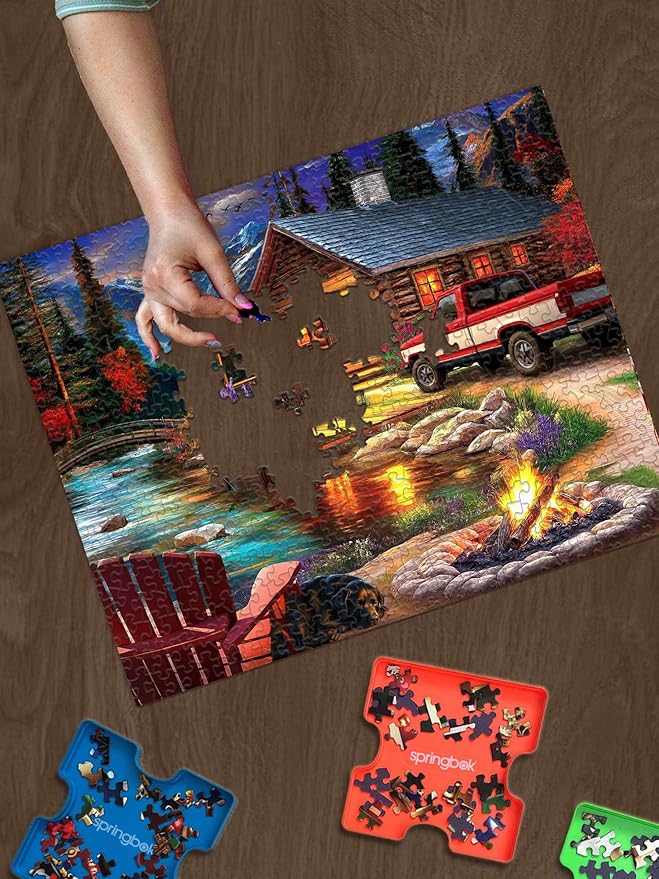 Springbok Cabin on the Creek 500 Piece Jigsaw Puzzle for Adults - Poster Now Included - Moonlit Outdoor Puzzle - Unique Cut Pieces - Made in USA