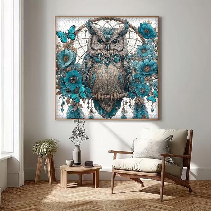 Owl Puzzles Adults 1000 Pieces, PICKFORU Owl Dreamcatcher Jigsaw Puzzle Floral Art Puzzles, Blue Butterfly Flower Animal Puzzle Adults Challenge