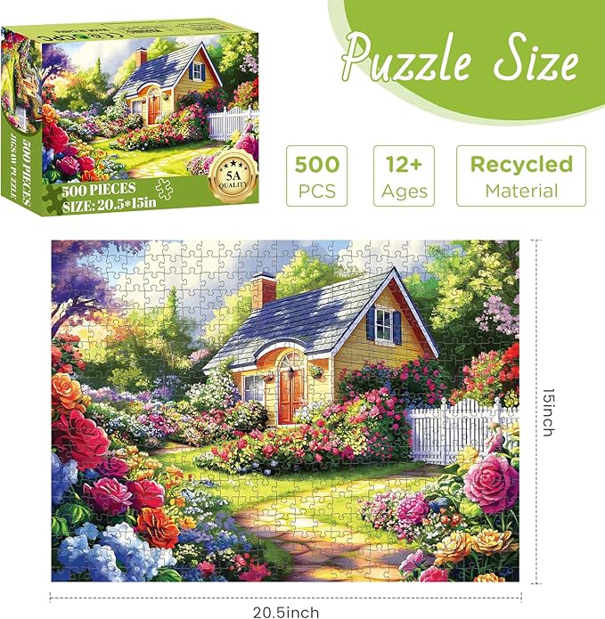 500 Pieces Puzzle for Adults, Flower Garden Puzzle for Adults, Beauty House Jigsaw Puzzles 500 Pieces Challenging Game Home Decor Birthday Party Gift Toy for Adult Seniors, 20.5 * 15 inch