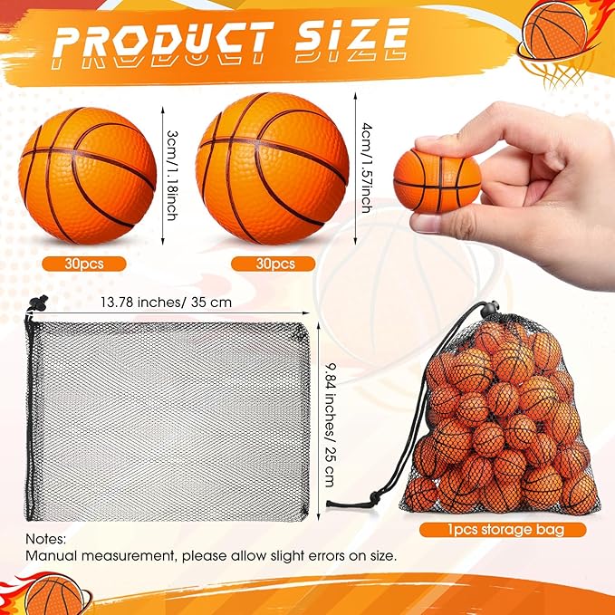 Civaner 60 Pcs Mini Basketball Stress Balls for Kids Basketballs Party Favors Small Foam Bouncy Sports Toys Bulk with Drawstring Bag for School Party Decor Carnival Reward Game Toys Gifts(3cm,4cm)