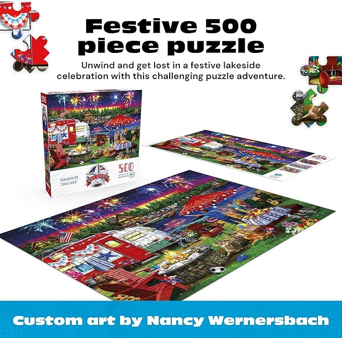 Buffalo Games - Fourth by the Lake - Nancy Wernersbach - 500 Piece Jigsaw Puzzle for Adults - Festive 4th of July Patriotic Puzzle with Fireworks - Finished Size 21.25 x 15.00