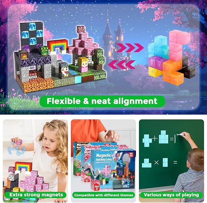 150 PCS 0.8in Magnetic Blocks - Easter Toys, Magnetic Building Blocks Cubes, Stacking Magnets, Birthday Easter Gifts for Age 3+ Years Old (Theme: Princess & Knight)