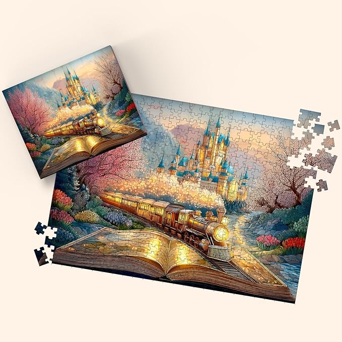 Puzzles for Adults 500 Pieces, Train Jigsaw Puzzles - Train of Fantasy, Impossible Glass Castle Puzzle for Seniors Families, 20.47x14.96 Inches, 1:1 Poster, Letter On The Back