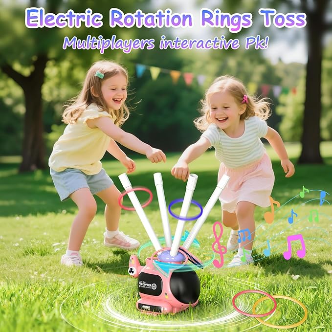 4-in-1 Music Jumping Toy Car,Dual Rotating Poles for Jumping & Dodging,Auto Flying Disc Launcher with Catching Net,Spinning Pole for Ring Toss,Kids outdoor toys,Games for Kids Boys and Girls (Pink)