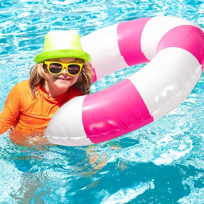 Whaline 4Pcs Inflatable Swimming Float Toy Striped Swim Ring Fun Print Pool Lounger Tube for Summer Swimming Beach Party
