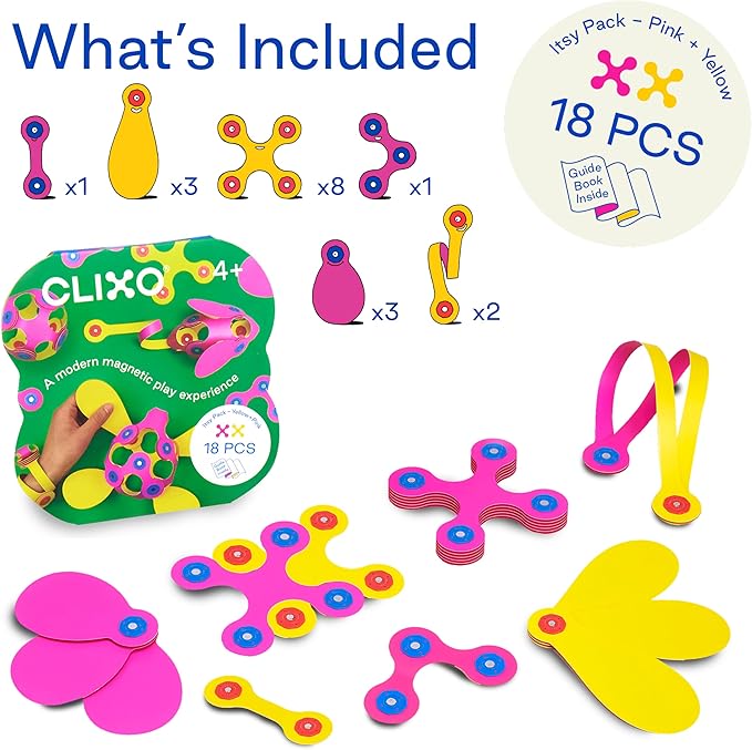Clixo Itsy Magnetic Toy for Kids - Flexible, Durable, Imagination-Boosting Magnet Building Toy. Educational Multi-Sensory STEM Experience. Great as a Travel Game. Ages 4-99. 18 Piece Pack