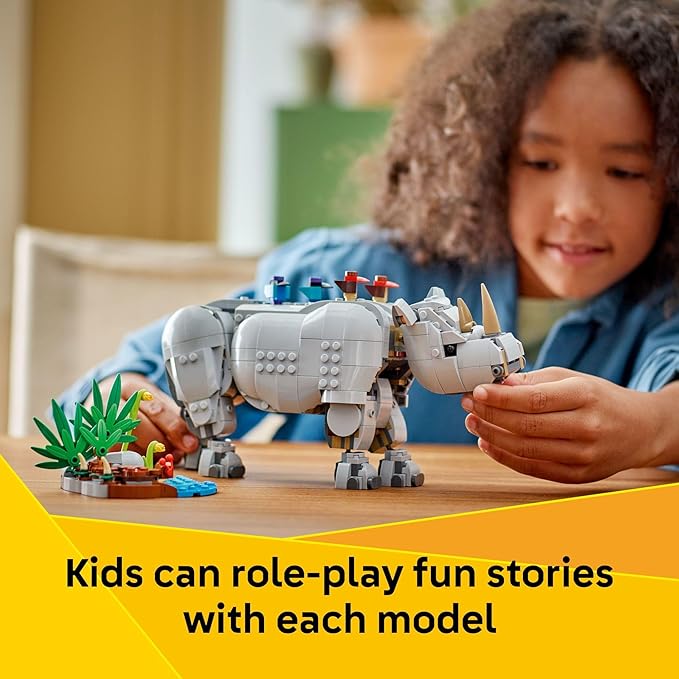LEGO Creator 3 in 1 Wild Animals: Majestic Rhino - Building Toy for Boys & Girls, Ages 9+ - Gift for Easter Baskets - Kids Bedroom and Desk Decor - Build Rhino, Hippo, or Walrus - 31171