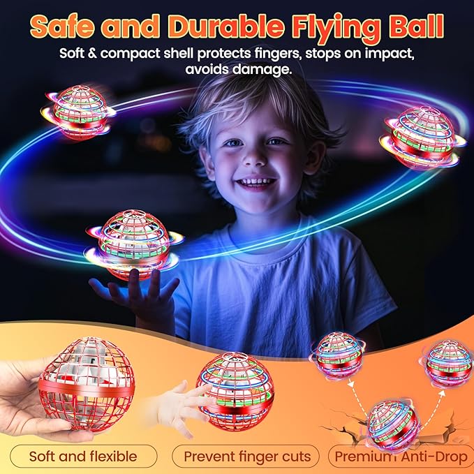 Flying Orb Ball Toy, 2026 Upgrade Hand Controlled Hover Ball with LED Lights, 360° Rotating Boomerang Globe Cool Mini Drone, Ideal Birthday&Christmas Gift for Boys Girls-Bright Red