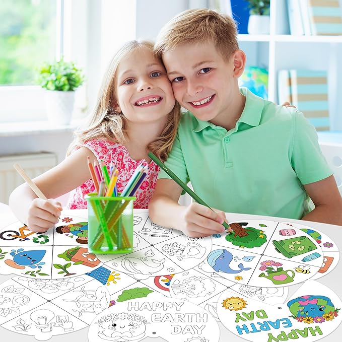 COcnny Earth Day Coloring Craft- 24 Sets Color Your Own Globe Art Craft DIY Wheel Cards for Kids, Happy Earth Day Paper Craft Art for School Home Class Event World Environment Activities