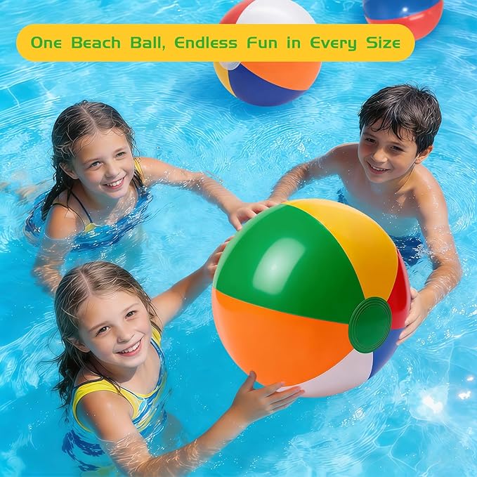 16 Pack Assorted Inflatable Beach Balls (8", 14", 16", 24"), Rainbow Beach Balls Colorful Blow Up Sport Balls for Swimming Pool, Beach, Summer Party Decor & Outdoor Activity