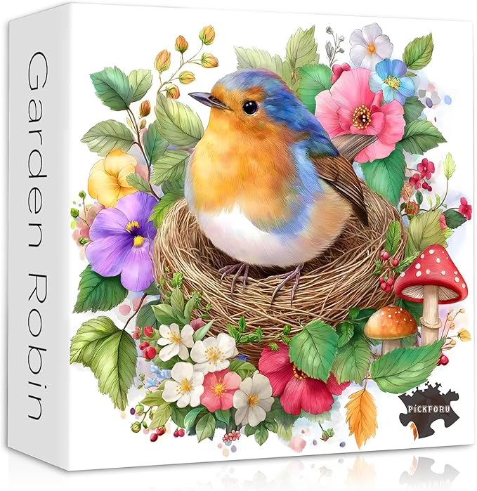 Robin Bird Puzzles for Adults 1000 Pieces, Flowers Garden Puzzles Mushrooms Floral, Nature Spring Bird Jigsaw Puzzle Painting