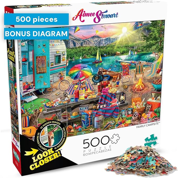 Buffalo Games - Aimee Stewart - Family Campsite - Look Closer - 500 Piece Jigsaw Puzzle for Adults with 10 Hidden Images - Challenging Puzzle for Game Nights - Finished Size 21.25 x 15.00