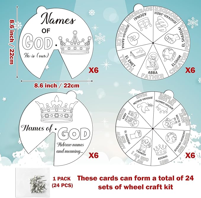 COcnny Religious Christian Craft for Kids - 24 Sets Color Your Own God’s Name Art Craft Cards, DIY Coloring God Wheel Paper Kit for Church Sunday School Home Class Bible VBS Activities
