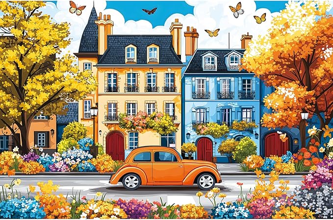 Autumn Town 300 Pieces Puzzle for Adults Colorful Houses Beautiful Fall Scenery Jigsaw Puzzles with Foliage, Butterflies, and Blooms Letters on Back Family Senior Challenge Game Night