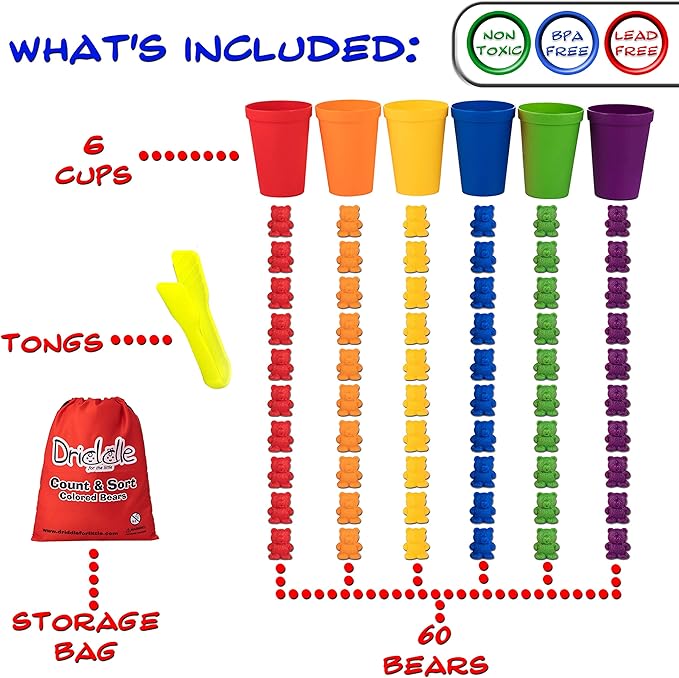 Driddle Colorful Counting Bears with Matching Cups - 60 Bears - Sort, Count & Color Recognition Learning Toy for Toddler & Kids - Montessori Education - Preschool Game