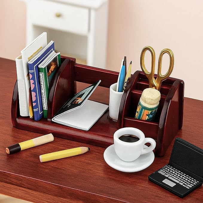 1/6 Dollhouse Stationery Miniature Office Accessories Set, WineRed Mini Desk Furniture Accessory for Doll House Supplies, 1:6 Scale