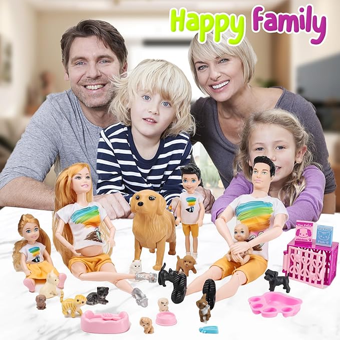 Family Doll Playset for Kids with Pregnant Mom Doll, Dad, Kids, Dollhouse Pets & Accessories – Pretend Play Toy Set for Boys & Girls, Interactive Family Storytelling Imagination Gift