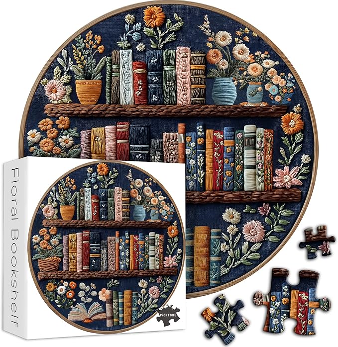 PICKFORU Blooming Bookshelf Puzzles for Adults 1000 Pieces, Round Book Flower Puzzle Library, Wildflower Pages Jigsaw Puzzles, Circle Vintage Floral Plant Embroidery Aesthetic Challenging