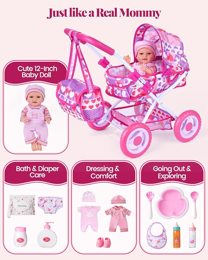 BABESIDE Baby Doll Stroller Set with 12 Inch Baby Doll, 14 Pcs Baby Doll Accessories, Folding Doll Pram Pretend Play Set, Feeding, Bath & Care Toys, Gift for Girls Ages 3yrs+