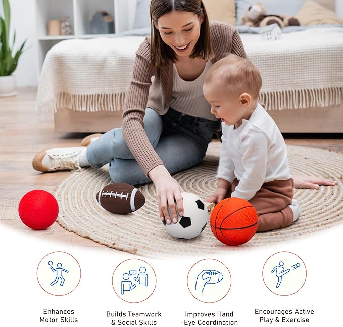 EVERICH TOY Balls for Toddlers 1-3, 4 Pcs 5" Playground Balls for Kids, Soft Rubber Small Sports Ball Set with Football, Basketball, Soccer, Indoor Outdoor Toddler Toys Games Gifts for Boys Girls