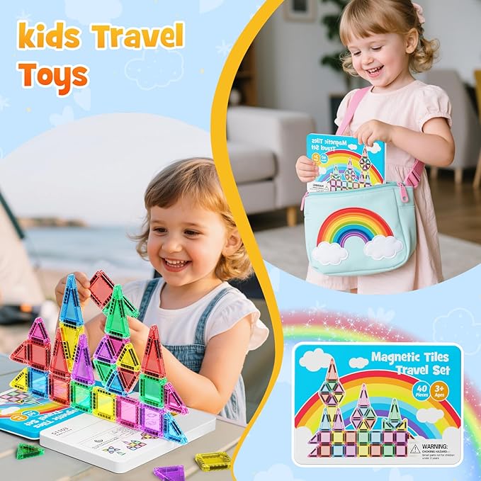 40 Pieces Magnetic Tiles for Kids Ages 4-8, Travel Magnetic Building Blocks Set with Iron Box, STEM Outdoor Kids Toys Gift for Boys & Girls 3+ Year Old, Pocket-Sized Classroom Must Haves