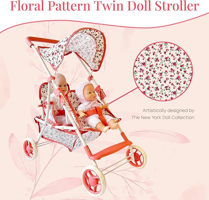 Double Doll Stroller for Twin Dolls & Toddlers - 25' Floral Tandem Play Toy Stroller