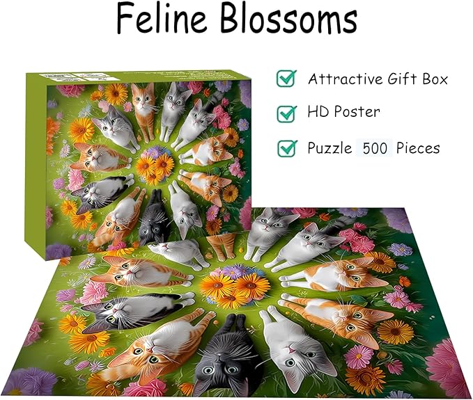 Puzzles for Adults 500 Pieces, Cat Jigsaw Puzzles - Feline Blossoms, Impossible Flower Puzzle for Seniors Family, 20.47 x 14.96 inches, 1:1 Poster, Letter on the Back