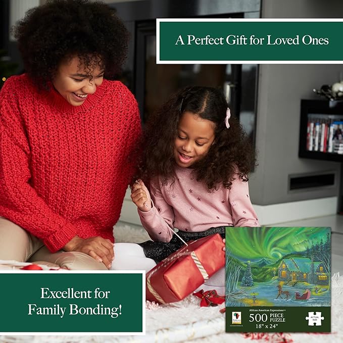 African American Expressions - Northern Lights Christmas Scene Puzzle – 500-Piece African American Jigsaw Puzzle for Adults | Winter Holiday Puzzle with Stunning Artwork