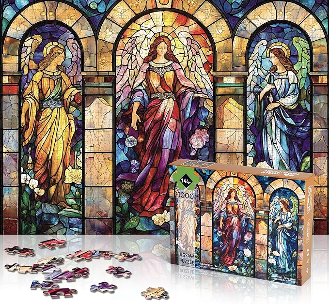 1000 Piece Puzzle for Adults, Stained Glass Christian Puzzles for Adults, Angel Goddes Hard Jigsaw Puzzle with Letters on Back, Religious Jesus Puzzle 1000 Pieces for Home Decor, 1:1 Poster