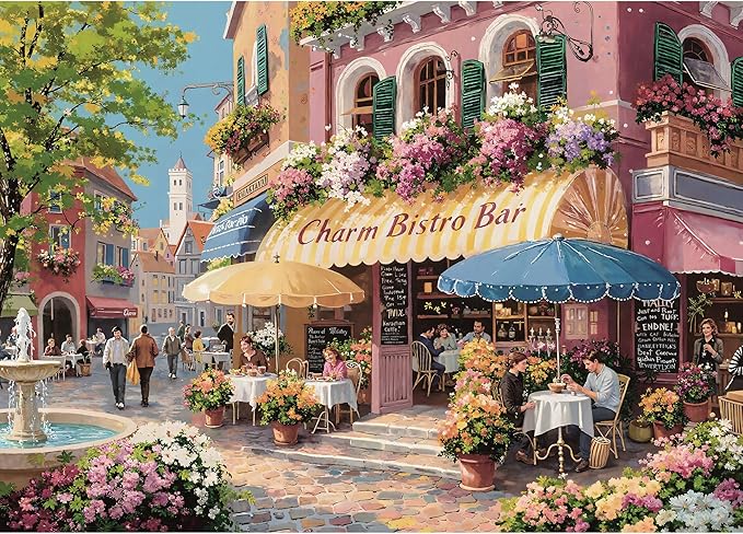Puzzles for Adults 1000 Pieces, Spring Italy Bistro Flower Street Landscape,1000 Piece Puzzle for Adults Seniors, European Hard Jigsaw Puzzles with Letters on Back, 1:1 Poster