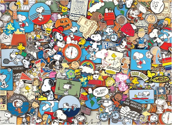 RoseArt - Peanuts - Peanuts Pins - 1000 Piece Jigsaw Puzzle for Adults - Snoopy, Charlie Brown & Woodstock Collectible Collage – Vibrant Peanuts Artwork – 26.625 x 19.25 Inches