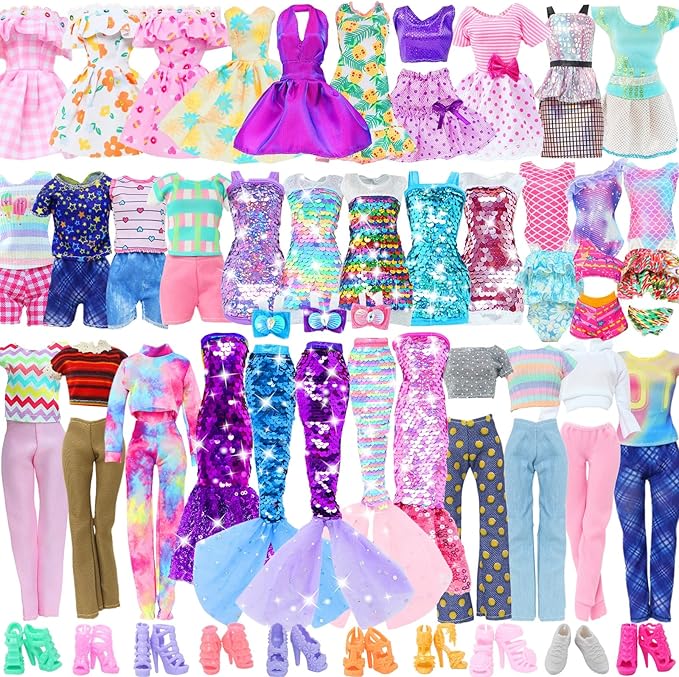20pcs Doll Clothes and Accessories Including Random 10 Outfits Fashion Sequin Dresses Tops Bottoms Pants Short Skirt Swimsuit Bikini and Random 10 Shoes Dollhouse Accessories for 11.5 inch Girl Doll