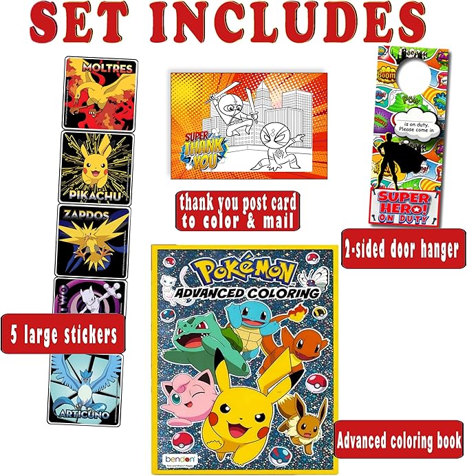 Bendon Pokemon Advanced Coloring and Stickers Activity Set with Pokeman Advanced Coloring Book, Sticker Book, Pokeman Reward Stickers, 2-Sided Door Hanger