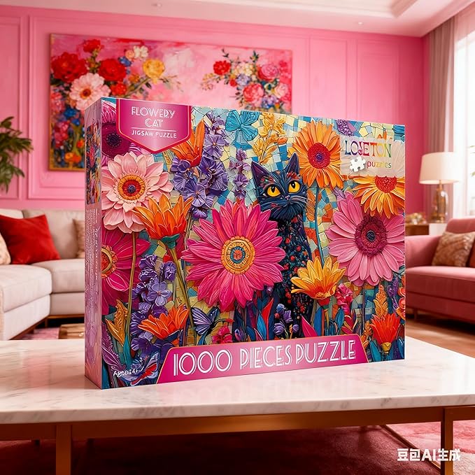 Colorful Flowers Cat Puzzles for Adults 1000 Pieces, Perfectly Letter on Back No Dust, Stained Glass Jigsaw Puzzle Black Cat Theme, Challenging Puzzle Perfect for Game Nights Family Puzzle