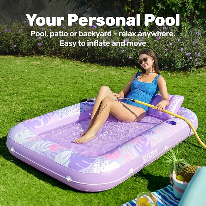 SLOOSH Inflatable Tanning Pool Lounger Float, 70" x 46" Pool Floats Adult with Pillow, 4 in 1 Suntan Tub Raft Floatie,Sunbathing Bed Lounge for Water Blow Up Ball Pit Party Gifts, L-Purple