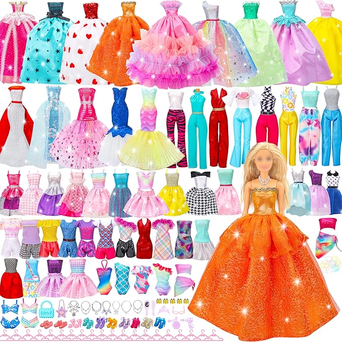 Style Shine 90 Pcs Doll Clothes and Accessories,2 Wedding Gowns 2 Evening Dresses 6 Fashion Dresses 4 Set Casual Outfit Top and Pant 2 Swimsuit,20 Hanger 10 Shoe 41 Accessories Toys for Girls Kid Gift