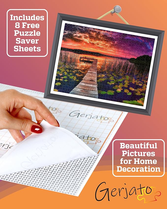 Puzzles for Adults 1000 Pieces - Ideal Gift for Loved Ones, Gift-Ready Box, Letters on Back, 8 Jigsaw Puzzle Saver Sheets & Full-Size Poster - Scenic Landscape Sunset with Dock & Lilies by GERJATO