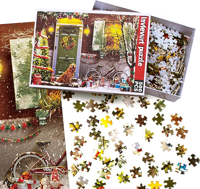 Lavievert Jigsaw Puzzle 500 Piece Puzzle for Adults - Christmas on Doorstep, Smiling Golden Retriever