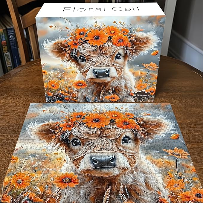 PICKFORUF Floral Calf 1000 Piece Puzzle for Adults,Orange Flower Cute Cow Jigsaw Puzzles 1000 Pieces,Nature Wildflower Grassland Animal Puzzle