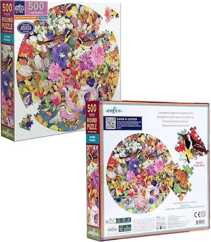 eeBoo 500 Piece Puzzle - Autumn Bouquet Jigsaw Puzzle for Adults, Circular with 23" Diameter Made with Recycled Board & Vegetable-Based Ink