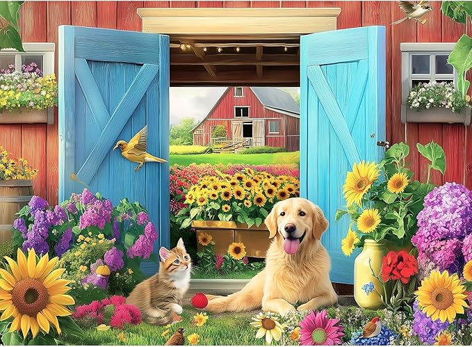 500 Piece Animal Farm Puzzle for Adults, Spring Flowers Jigsaw Puzzle, 500 Piece Dog and Cat Puzzle as Home Decor, Friends Family Activity Game Nights Gifts, 20.5×15 in