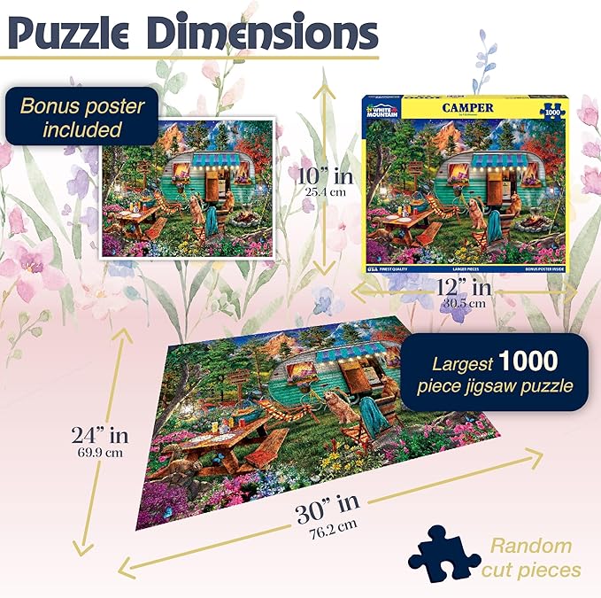 White Mountain 1000 Piece Jigsaw Puzzle Scenic Summer Camping Puzzles with Large Pieces for Adults and Family 24"x30" - Camper