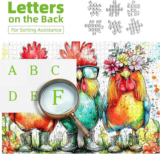 Colorful Roosters 500 Piece Puzzles for Adults Watercolor Farm Animal Jigsaw Puzzles Fun Roosters Wearing Sunglasses Puzzle with Letters on Back Challenging Family Seniors Puzzle (23"X15")