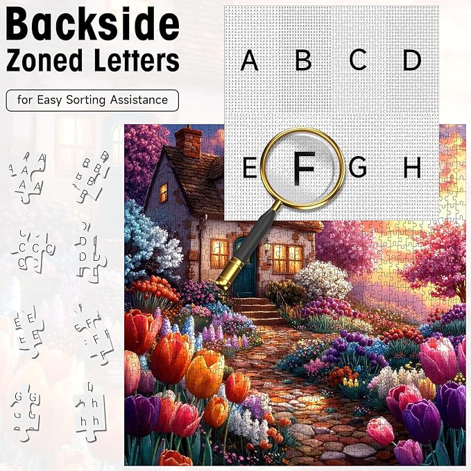 1000 Pieces Jigsaw Puzzles for Adults, Dreamy Cottage Garden with Tulips Puzzle with Letters on Back, 22.8×22.8 Inch Hard Difficult Challenging Adult Puzzle for Gift & Home Decor