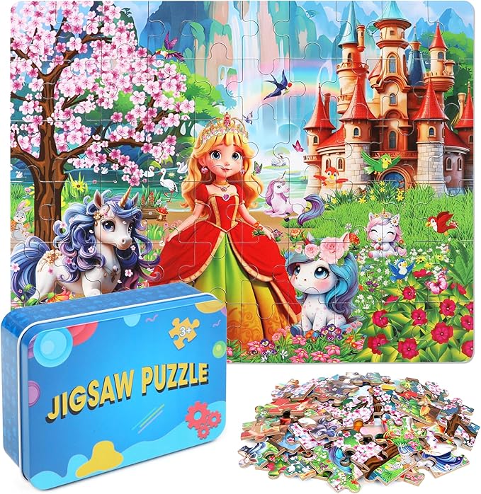 LELEMON 60 Pieces Jigsaw Puzzles for Kids Ages 4-8 Princess and Unicorns Puzzles Boys Girls Children Learning Educational Puzzles Portable Box Pack Toy