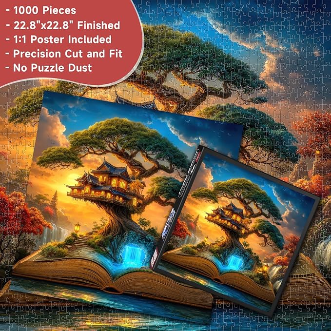 Magical Book Treehouse 1000 Piece Jigsaw Puzzle for Adults - Fantasy Asian Treehouse with Waterfall & Lanterns, Poster & Lettered Back, 22.8" Square HD Quality, Unique Gift for Book & Fantasy Lovers