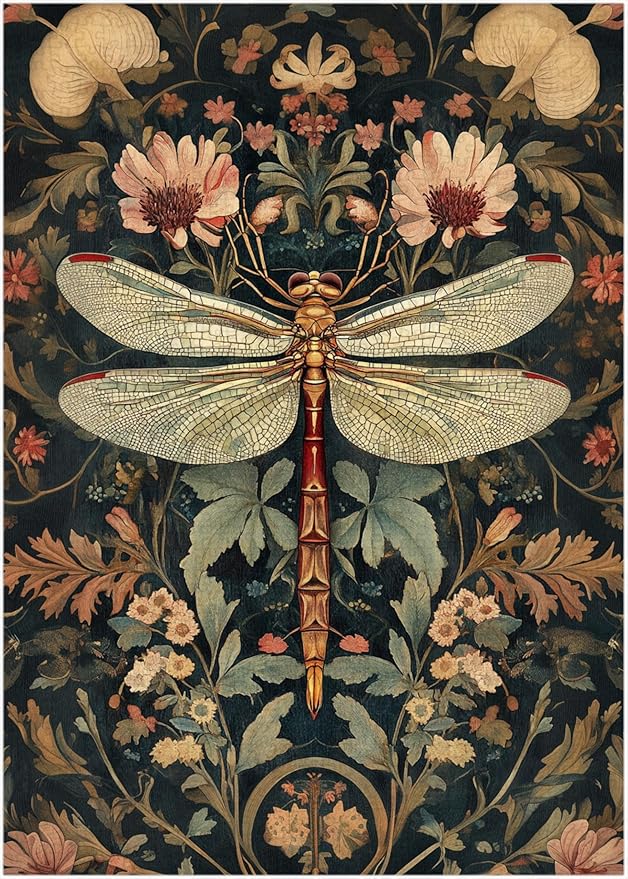 Vintage Floral Dragonfly Jigsaw Puzzle 1000 Pieces for Adults - Floral Puzzle Gift for Dragonfly Lovers - 1000pc Heritage Victorian Design Decor Puzzles (50x70cm / 19.685"x27.559")