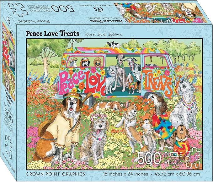 Crown Point Graphics Peace Love Treats 500 Piece Jigsaw Puzzle, Soft Touch Design, Made in USA