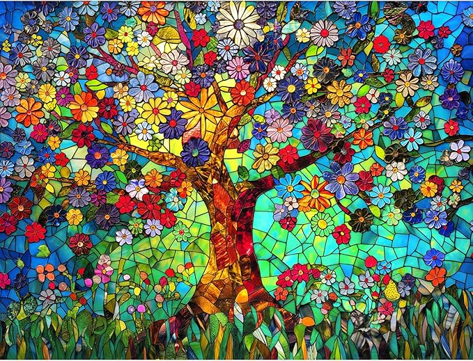 500 Piece Puzzles for Adults Stained Glass Tree of Life Flower Puzzle for Adults Colorful Mosaic Jigsaw Puzzles 500 Pieces with Letters on Back Hard Impossible Difficult Challenging Family Puzzle